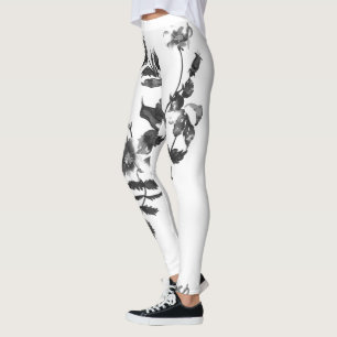 Elegante Schwarz-weiße Aquarellfarben-Rose Leggings