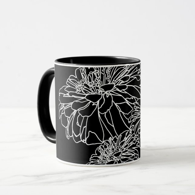 Elegante Schwarz-weiße Blume zeichnend Tasse (Vorderseite Links)