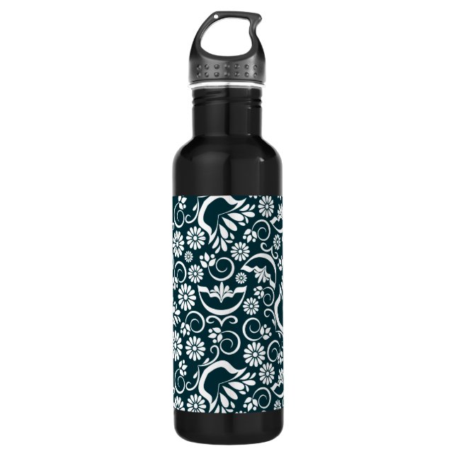Elegante Schwarz-weiße Blumen Trinkflasche (Vorderseite)