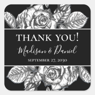 Elegante Schwarz-weiße Blumenhochzeit Vielen Dank Quadratischer Aufkleber