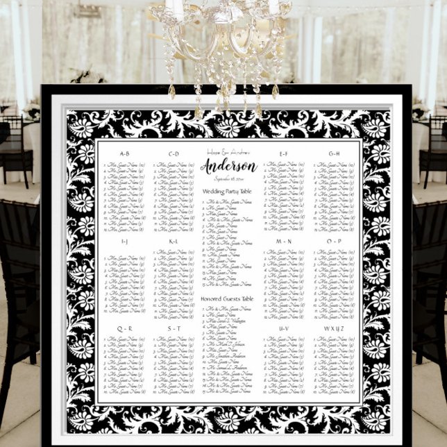 Elegante Schwarz-weiße Damaske-Hochzeitstabelle Poster (To see frame pricing, please enter your frame and mat options.)