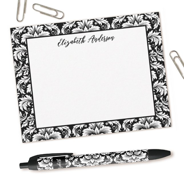 Elegante Schwarz-weiße Damaskus-Notizkarte Mitteilungskarte (Elegant black and white damask notecard, Personalize it with your name.)