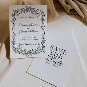 Elegante schwarz-weiße florale botanische Hochzeit Save The Date