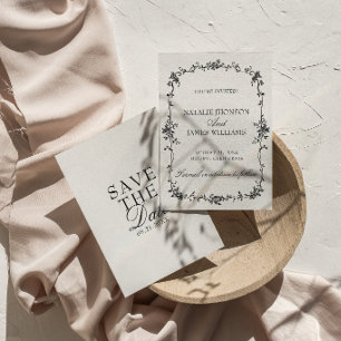 Elegante Schwarz-Weiße Florale Old Money Hochzeit Save The Date