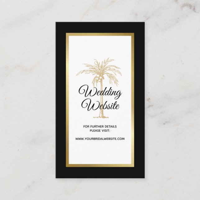 Elegante Schwarz-weiße Gold Palm Tree Wedding Webs Begleitkarte (Vorderseite)