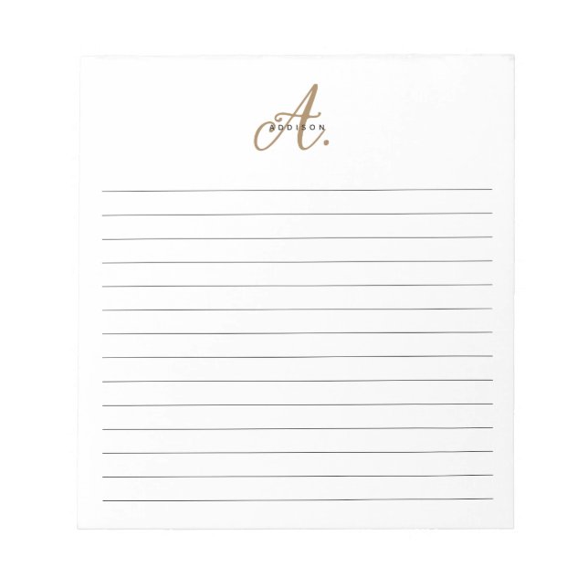 Elegante Schwarz-weiße Gold Script Monogram Lined Notizblock (Vorderseite)