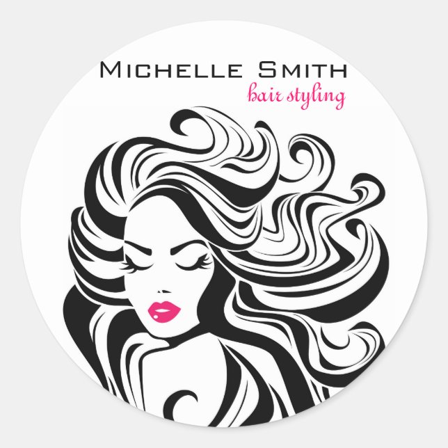 Elegante Schwarz-weiße Haarverlängerungen für Wavy Runder Aufkleber (Vorderseite)