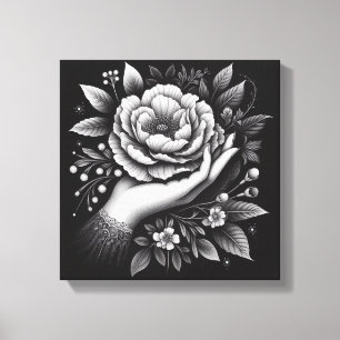 Elegante schwarz-weiße Hand-Botanik-Kunst Leinwanddruck