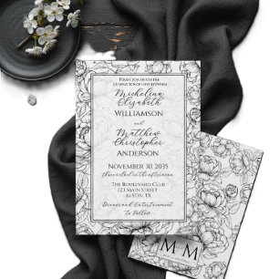 Elegante schwarz-weiße handgezeichnete florale Hoc Einladung