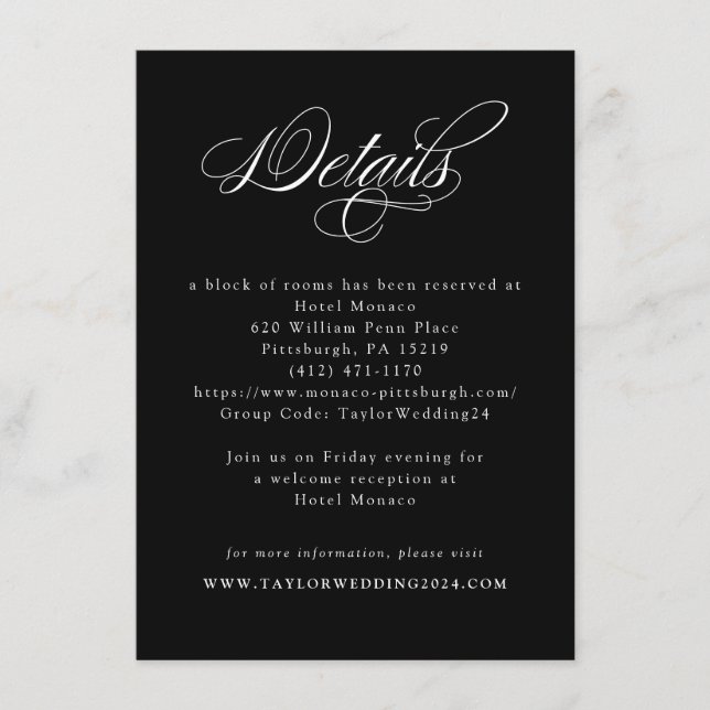 Elegante Schwarz-weiße Hochzeitdetails Begleitkarte (Vorderseite)