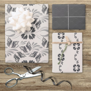 Elegante Schwarz-weiße Jugendstil Vintage Blumen Geschenkpapier Set