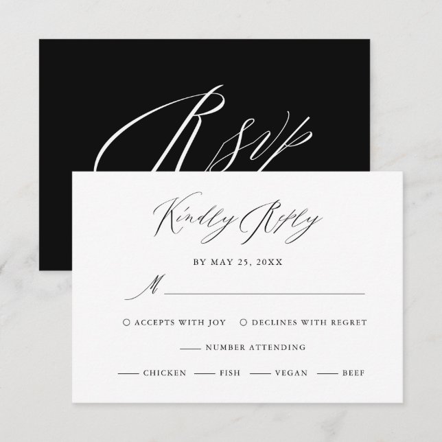 Elegante Schwarz-weiße Kalligraphie Hochzeit RSVP Karte (Vorne/Hinten)