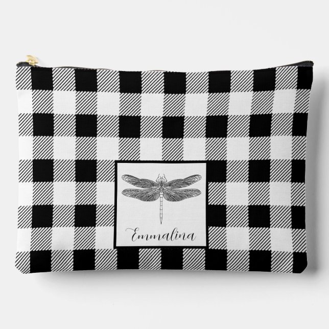 Elegante Schwarz-weiße karierte Gingham-Libelle Zubehörtasche (Vorderseite)