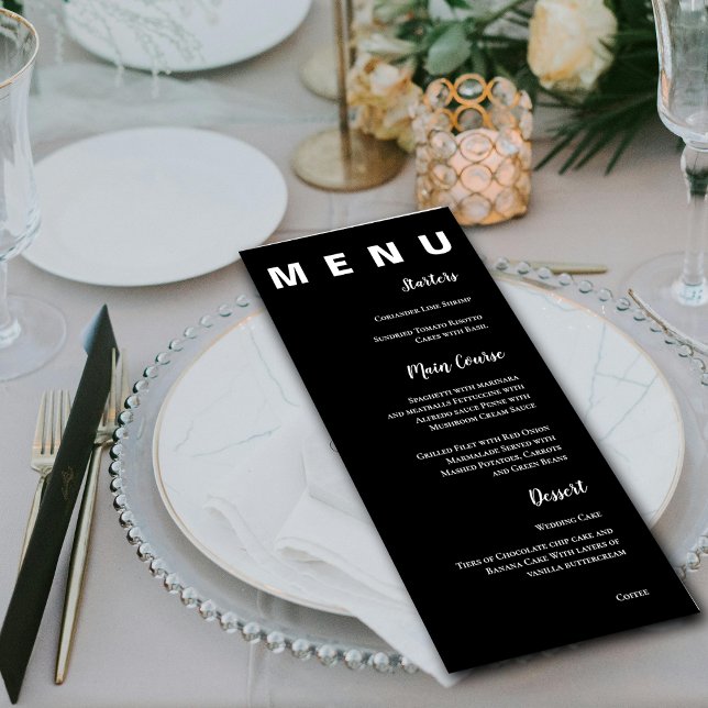 Elegante Schwarz-weiße klassische Hochzeitsfeier Menükarte (Elegant Simple Black White Classic Wedding Party Menu)