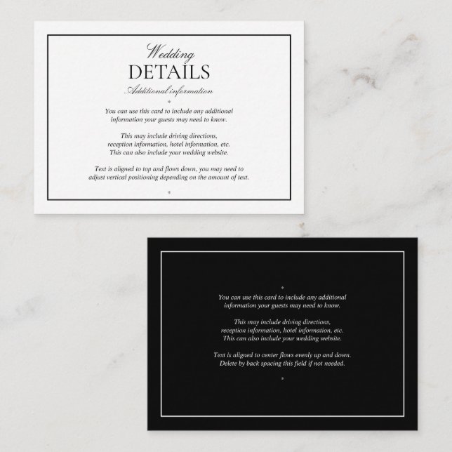 Elegante Schwarz-weiße, klassische Skriptdetails Begleitkarte (Vorne/Hinten)