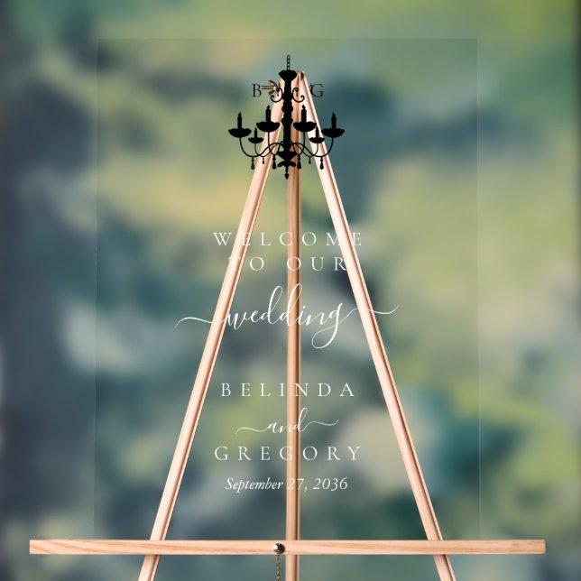 Elegante Schwarz-weiße Kronleuchter Monogram Weddi Acrylschild (Neutral)