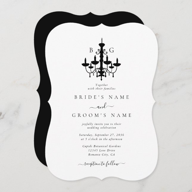 Elegante Schwarz-weiße Kronleuchter Monogram Weddi Einladung (Vorne/Hinten)