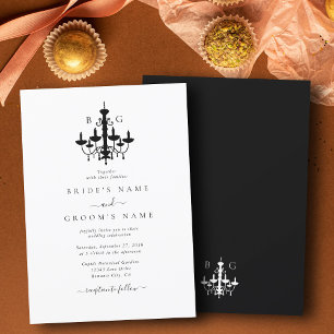 Elegante Schwarz-weiße Kronleuchter Monogram Weddi Einladung