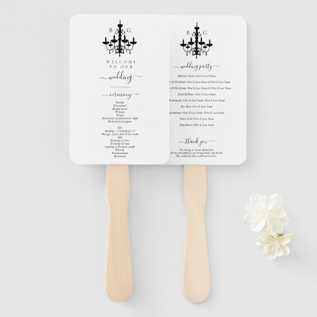 Elegante Schwarz-weiße Kronleuchter Monogram Weddi Fächer (Vorne und Hinten)