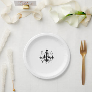 Elegante Schwarz-weiße Kronleuchter Monogram Weddi Pappteller