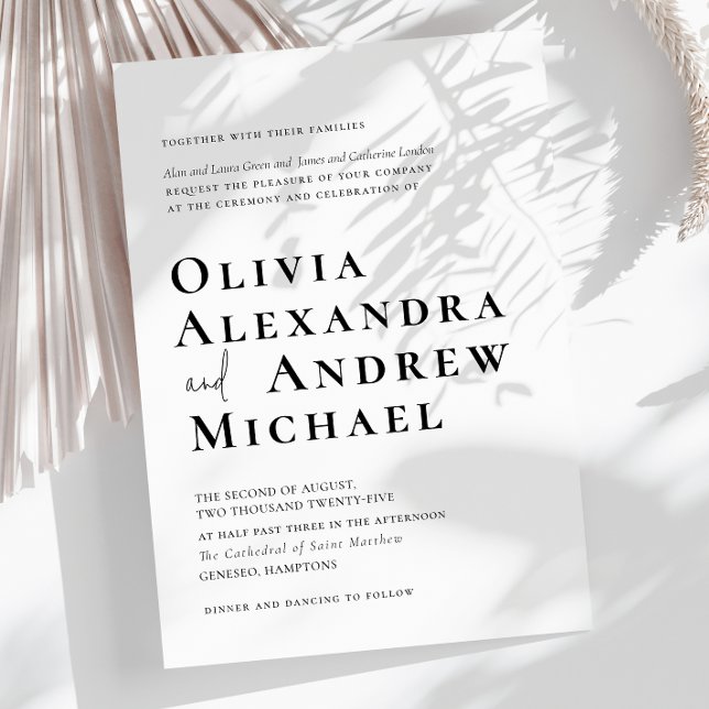 Elegante Schwarz-weiße Minimalistische Skripthochz Einladung (Modern Black White Minimalist Formal Wedding Invitation)