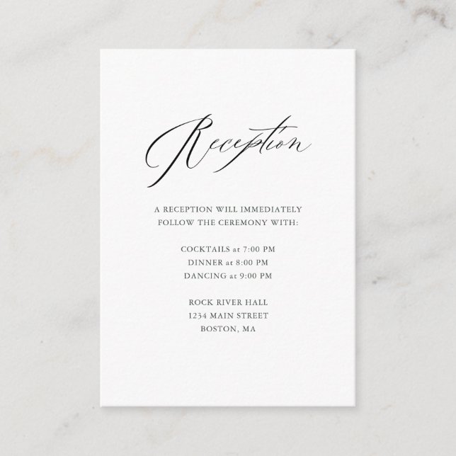 Elegante Schwarz-weiße moderne Skripthochzeit Begleitkarte (Vorderseite)