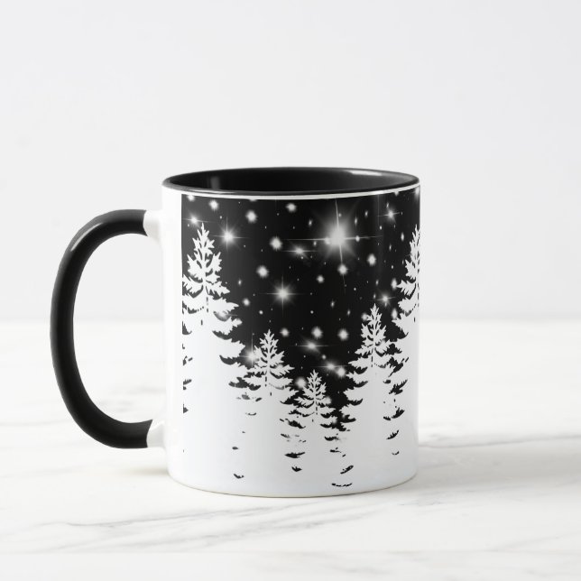 Elegante Schwarz-weiße Pinienwälder Sterne Tasse (Links)