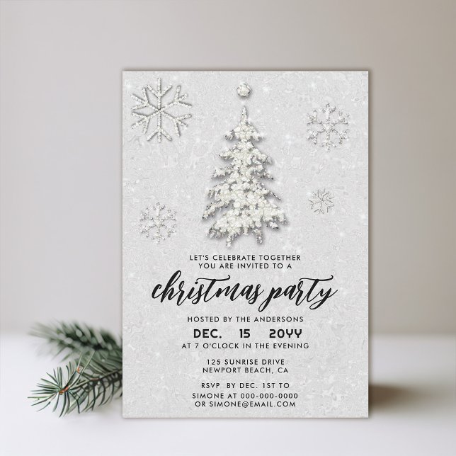 Elegante Schwarz-weiße Rhinestones Winter Weihnach Einladung (christmas party invitation elegant snowflakes tree sparkles minimalist modern red white black)