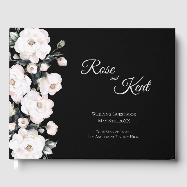 Elegante Schwarz-weiße Rose Hochzeit Gästebuch (Vorderseite)