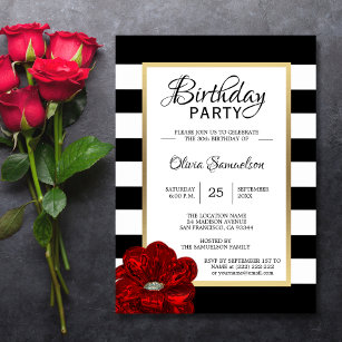 Elegante Schwarz-weiße Rote Rose Geburtstagsparty Einladung