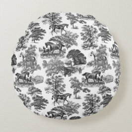 Elegante Schwarz-weiße Rustikale Pferde Rundes Kissen