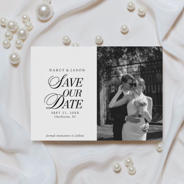 Elegante schwarz-weiße Save-the-Date-Karte im klas Save The Date (Von Creator hochgeladen)