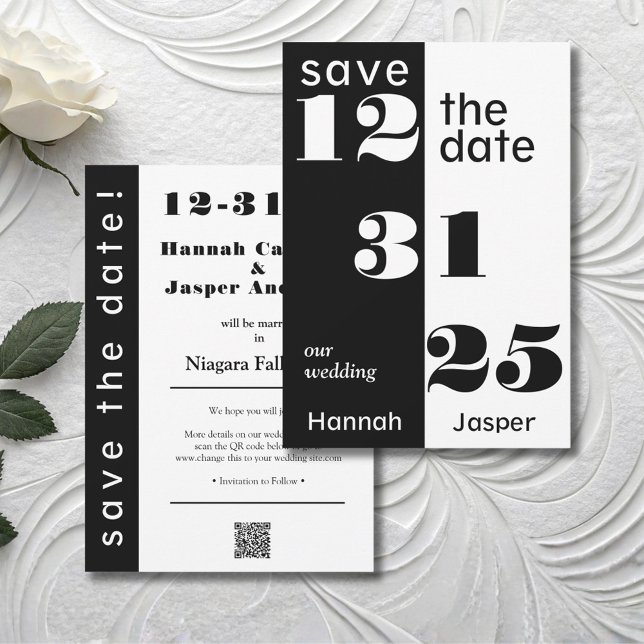 Elegante schwarz-weiße Silvesterhochzeit Save The Date (Bold and Modern Chic Save the Date for a New Year's Eve Wedding)