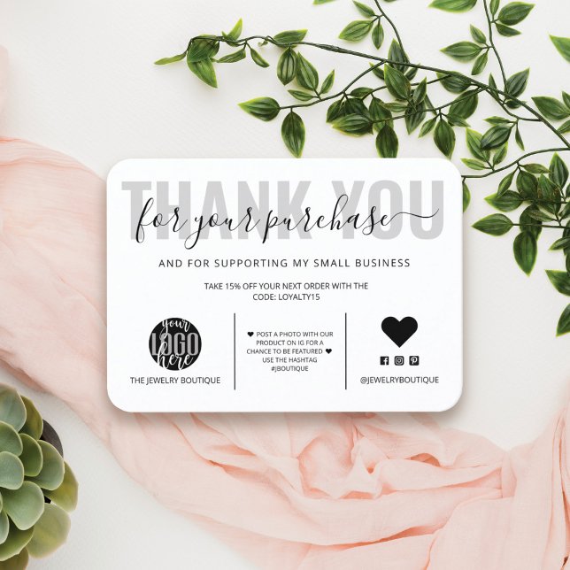 Elegante Schwarz-weiße Skriptlogos Vielen Dank Visitenkarte (Von Creator hochgeladen)