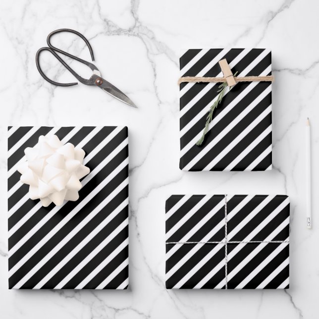 Elegante schwarz-weiße Streifen Geschenkpapier Set (Vorderseite)