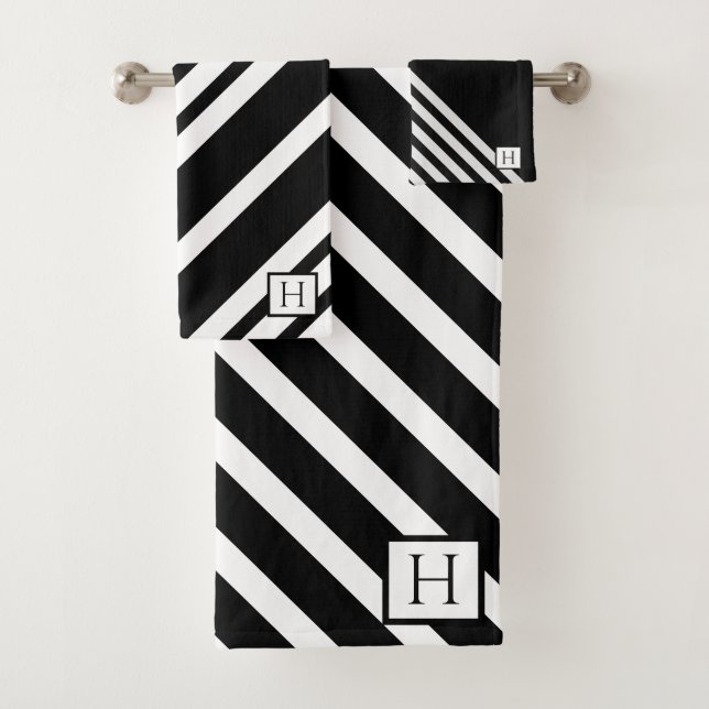 Elegante schwarz-weiße Streifen Mit Monogramm Badhandtuch Set (Insitu)