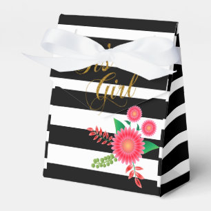 Elegante schwarz-weiße Streifen mit rosa Blumenmus Geschenkschachtel