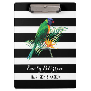 Elegante Schwarz-weiße Streifen mit Vögeln und Blu Klemmbrett