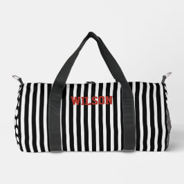 Elegante schwarz-weiße Streifen Monogramm Name Duffle Bag