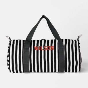 Elegante schwarz-weiße Streifen Monogramm Name Duffle Bag