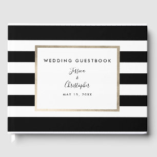 Elegante Schwarz-weiße Stripe Script Rose Gästebuch