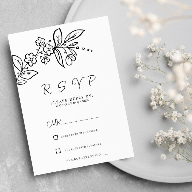 Elegante Schwarz-weiße UAWG mit Blumen Einladung (Elegant black white simple floral RSVP )