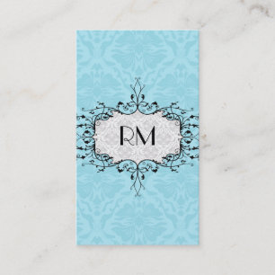 Elegante Schwarz-weiße und blaue Vintage Damasken Visitenkarte