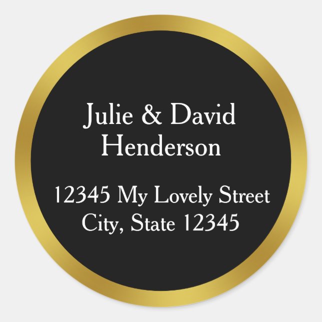 Elegante Schwarz-weiße und Gold-Rücksendeadresse Runder Aufkleber (Vorderseite)