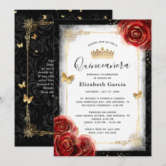 Elegante Schwarz-weiße und rote Quinceanera Einladung
