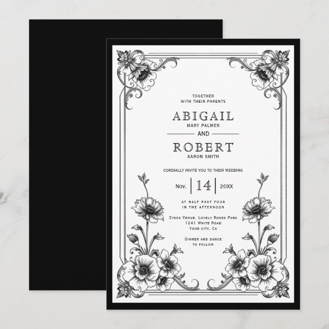 Elegante Schwarz-weiße, Vintage Blumenhochzeit Einladung (Vorne/Hinten)