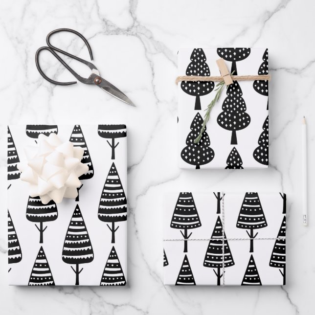 Elegante Schwarz-weiße Weihnachtsbaumen Geschenkpapier Set (Vorderseite)
