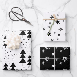 Elegante schwarz-weiße Weihnachtsbaumen Sterne Geschenkpapier Set