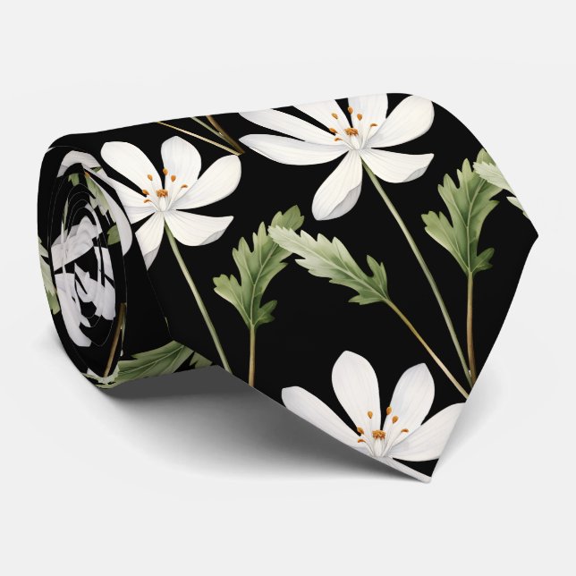 Elegante Schwarz-weiße Wildblumen Neck Tie Krawatte (Gerollt)