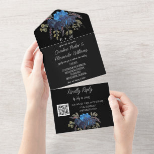 Elegante schwarze blaue florale moderne RSVP-QR-Co All In One Einladung